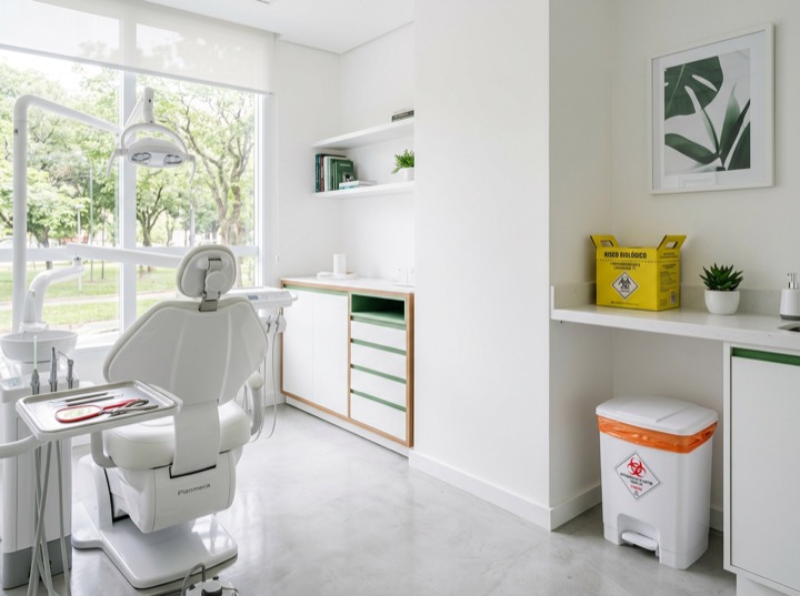 Consultório odontológico com coletores de resíduos de saúde