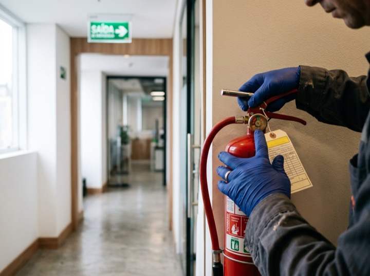 Técnico de segurança confere o extintor de incêndio no corredor de uma empresa