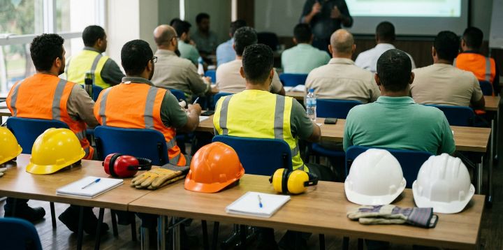 Turma de trabalhadores com colete refletivo, de costas, em treinamento de segurança, com capacetes e protetores sobre as mesas